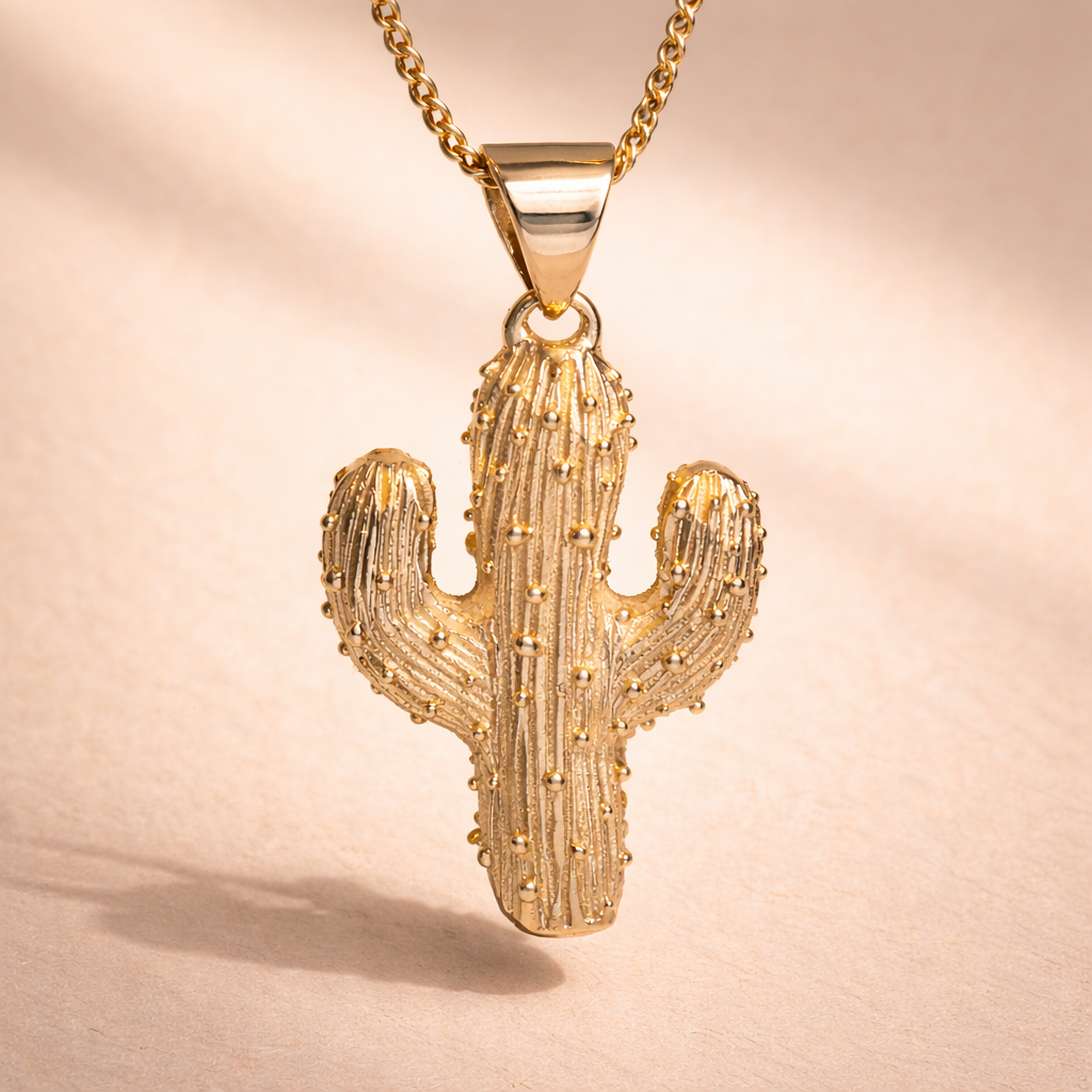Close up of a custom cactus pendant by Ruinette in 18k yellow gold