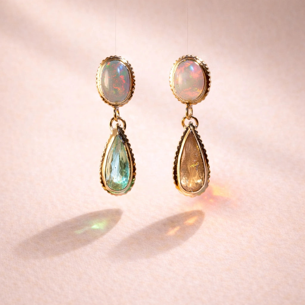 A front view of Ruinette one-of-a-kind-earrings featuring white and black opal, green and peach tourmaline, set in 18k yellow gold