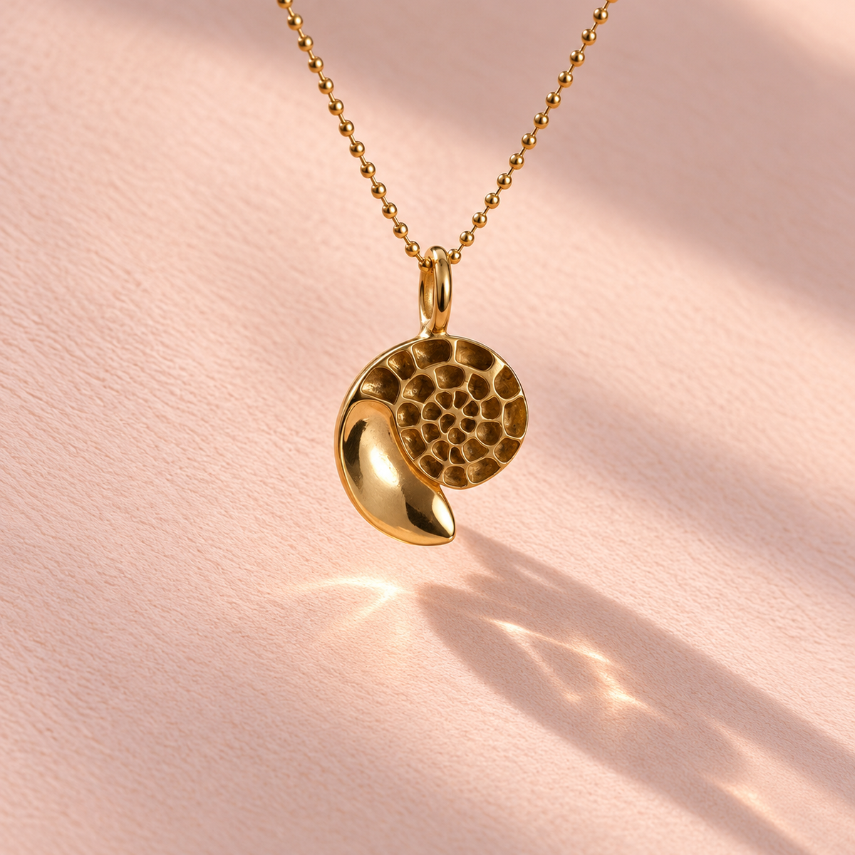 Ammonite Charm front view featuring a nautilus shell in 18k yellow gold, a uniquely handcrafted piece by Ruinette Bijoux.