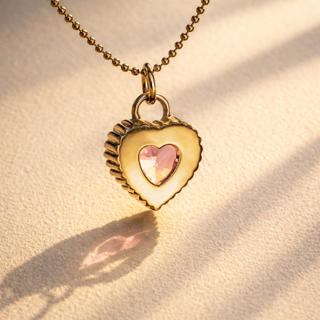 Pink garnet heart cut in a secure setting, showcasing Ruinette's Baby Rib charm in luxurious 18k yellow gold, perfect for handcrafted jewelry lovers.