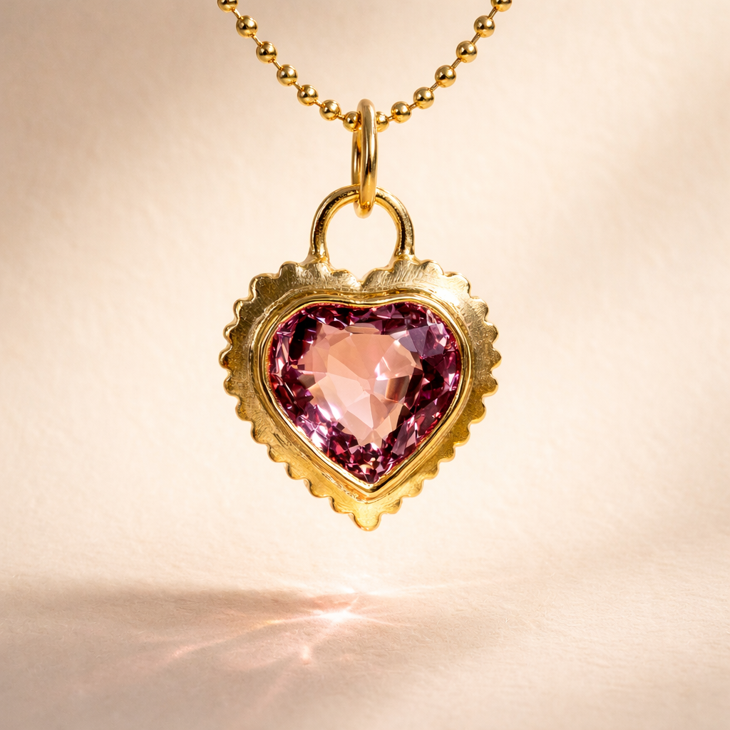 18k yellow gold charm featuring a pink heart cut garnet. Baby Rib Garnet Heart Charm front view. Perfect for luxury gift or handcrafted jewelry.