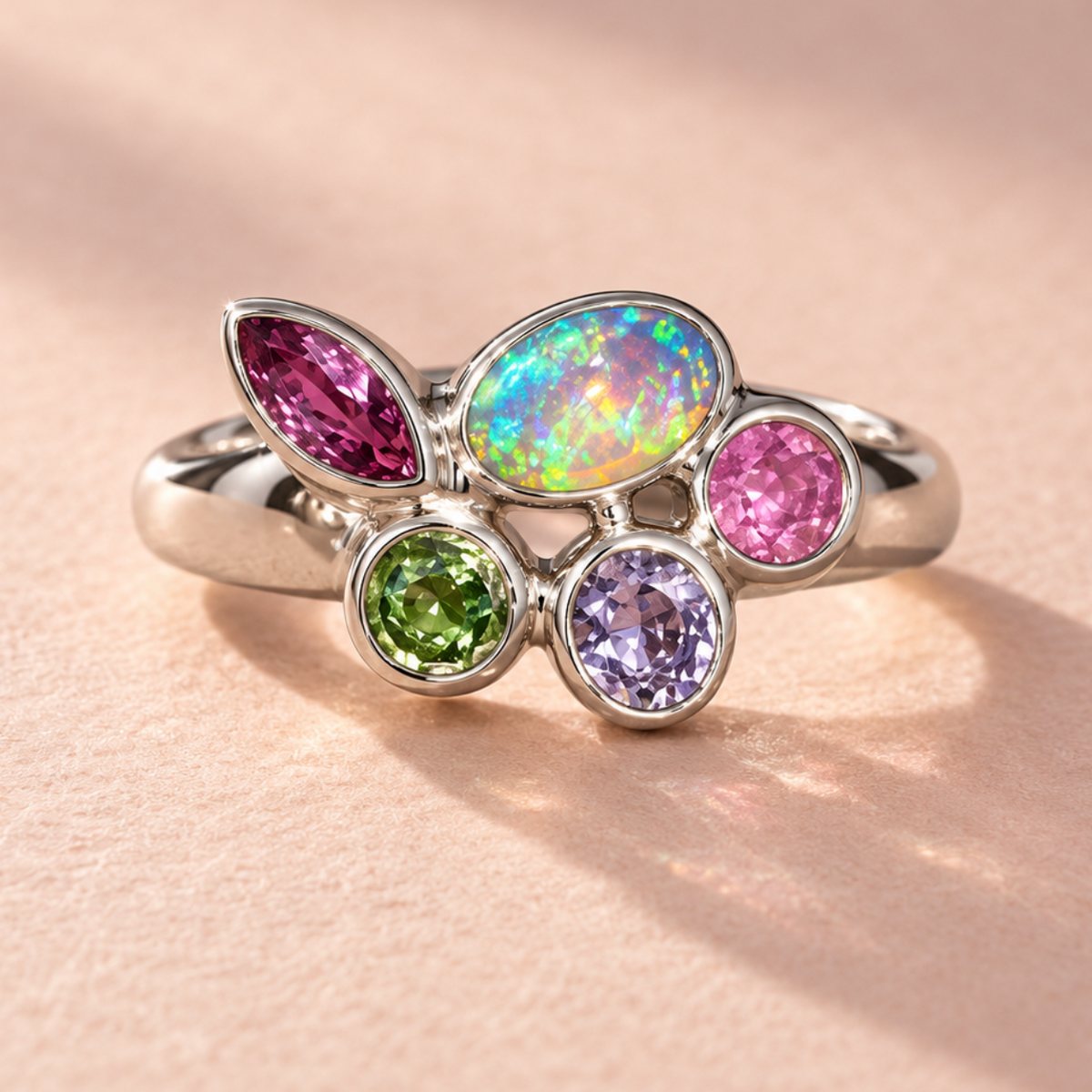 Constellation Ring no 3 front view showcasing 18k white gold with pink and lavender sapphires, green tsavorite garnet, and Australian opal. A handcrafted piece by Ruinette Bijoux. Perfect statement ring.