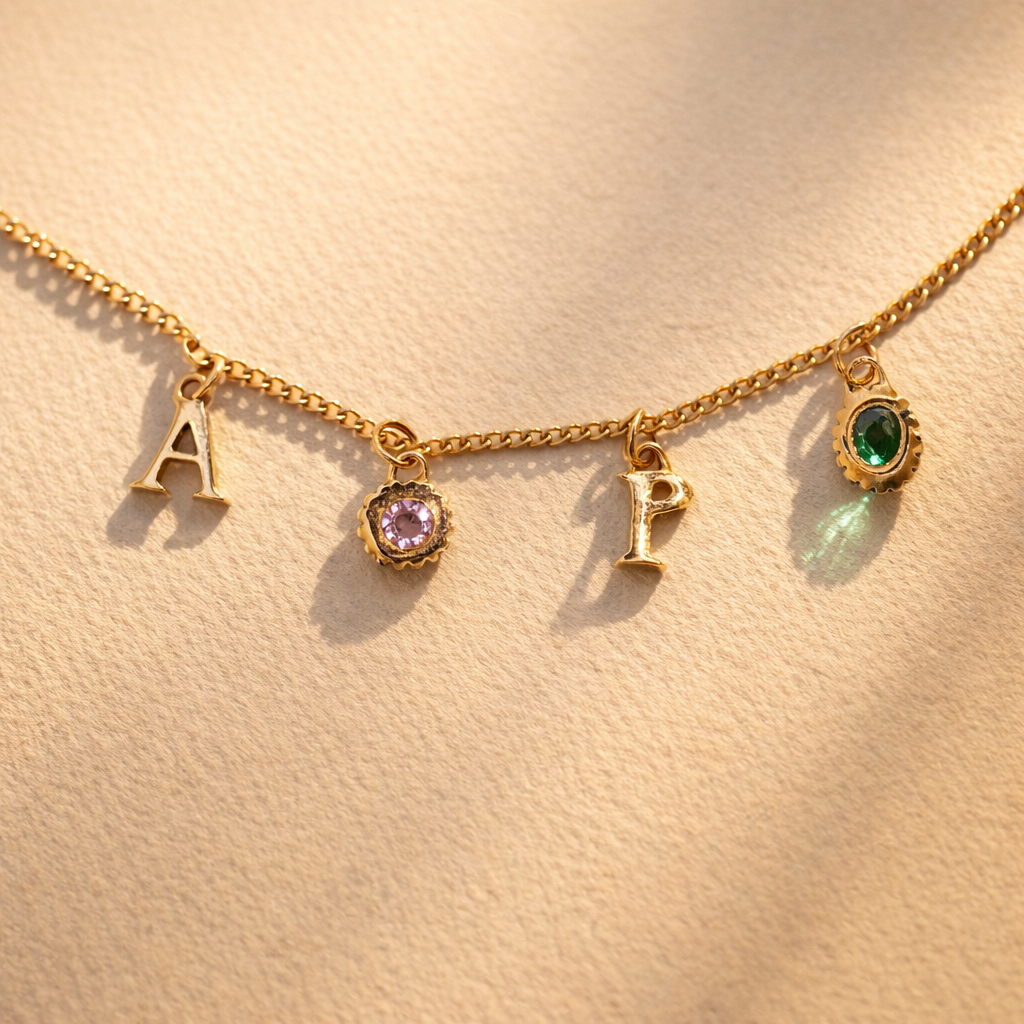 Custom Charm Bracelet with Kid's Birth Stones featuring lab alexandrite and natural green tourmaline on an 18k yellow gold chain. A unique artisan piece by Ruinette Bijoux.