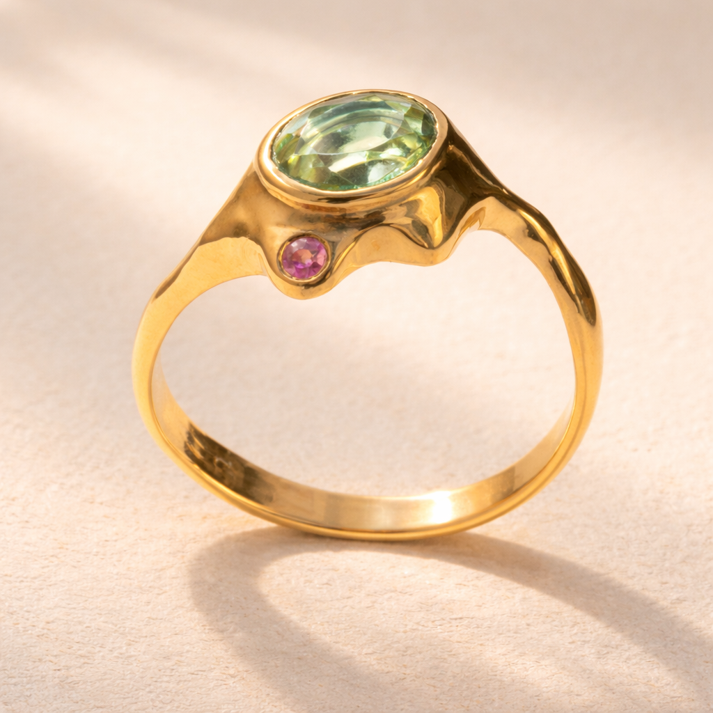 The Le Drip no. 05 ring showcases 18k yellow gold with green oval tourmaline and pink sapphire stones in a side view.