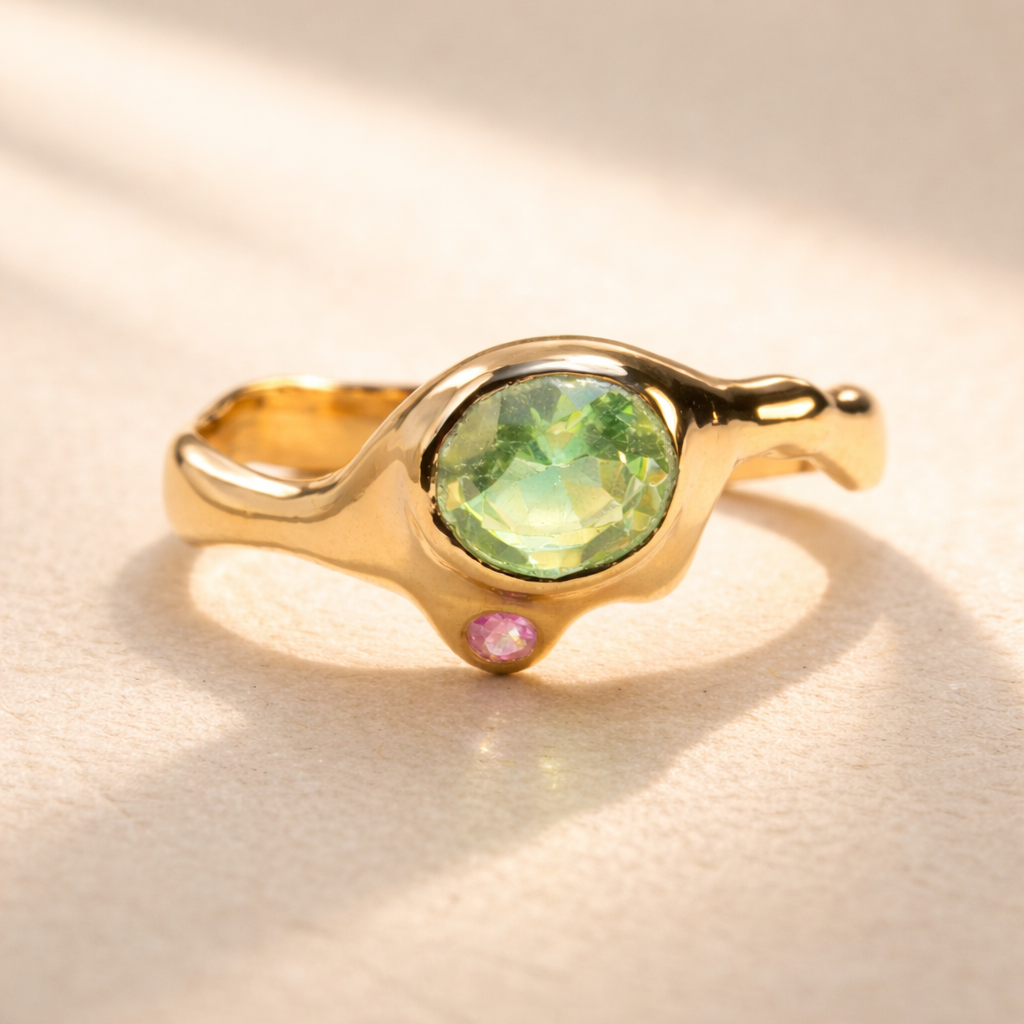Le Drip no. 05 ring featuring 18k yellow gold with a green oval tourmaline and pink sapphire, front view.