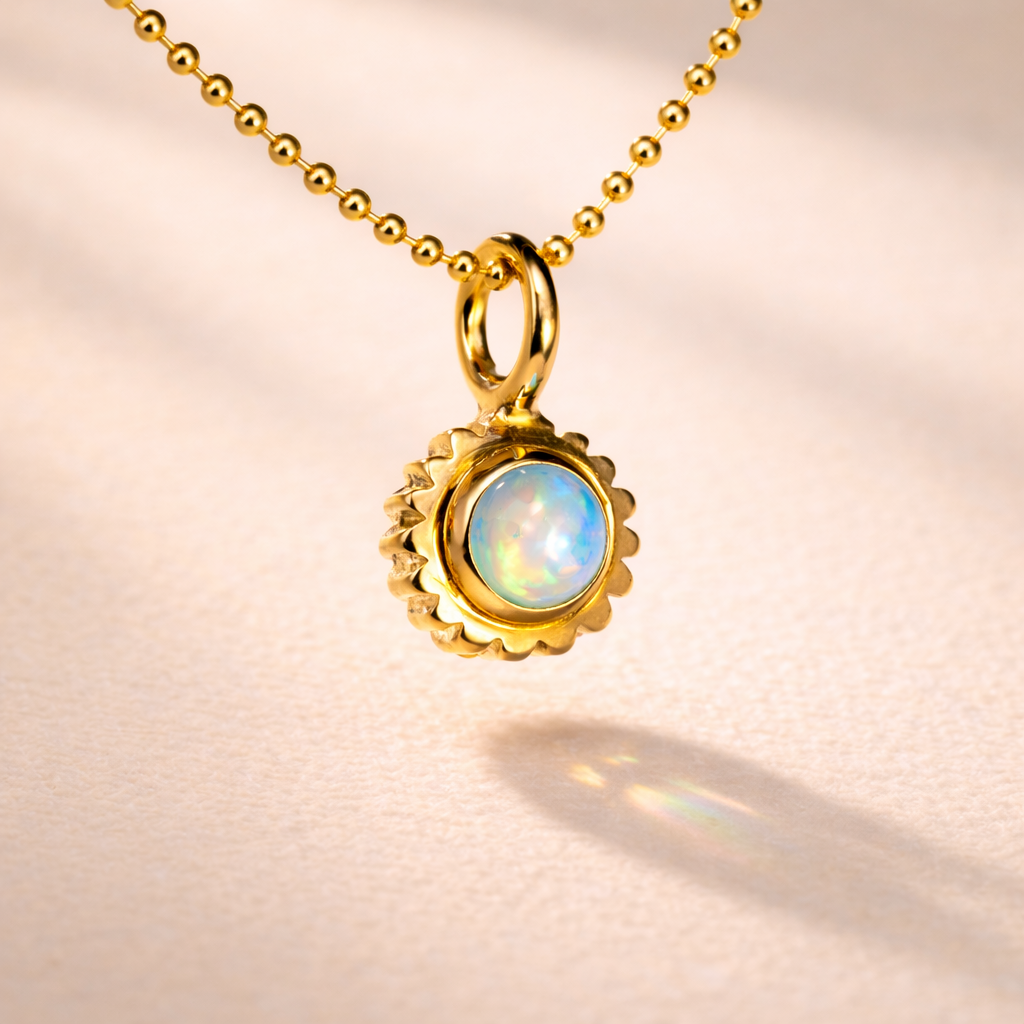 Opal cabochon bezel-set in 18k gold creates a captivating charm by Ruinette Bijoux, perfect for fine jewelry enthusiasts seeking unique pieces.